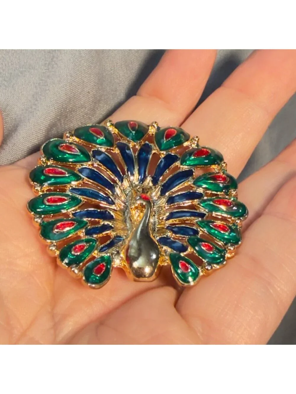 Peacock Vintage Brooch Colorful Enamel Rhinestone Gold Tone Statement 2.1